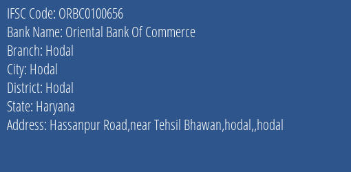Oriental Bank Of Commerce Hodal Branch Hodal IFSC Code ORBC0100656
