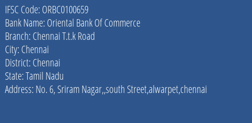 Oriental Bank Of Commerce Chennai T.t.k Road Branch Chennai IFSC Code ORBC0100659