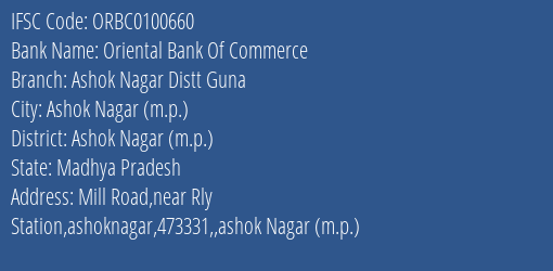 Oriental Bank Of Commerce Ashok Nagar Distt Guna Branch Ashok Nagar M.p. IFSC Code ORBC0100660