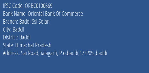Oriental Bank Of Commerce Baddi Ssi Solan Branch Baddi IFSC Code ORBC0100669