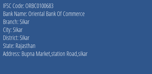 Oriental Bank Of Commerce Sikar Branch, Branch Code 100683 & IFSC Code ORBC0100683