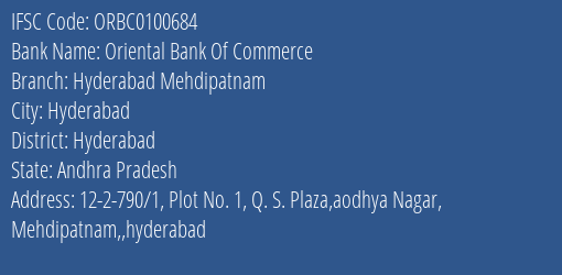 Oriental Bank Of Commerce Hyderabad Mehdipatnam Branch Hyderabad IFSC Code ORBC0100684
