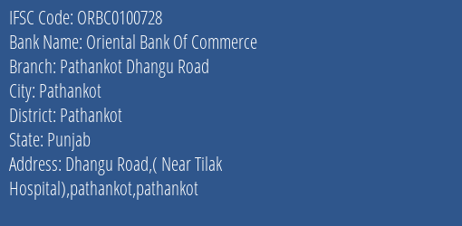 Oriental Bank Of Commerce Pathankot Dhangu Road Branch Pathankot IFSC Code ORBC0100728