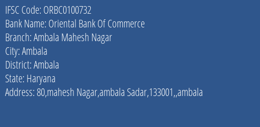 Oriental Bank Of Commerce Ambala Mahesh Nagar Branch Ambala IFSC Code ORBC0100732
