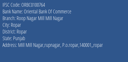 Oriental Bank Of Commerce Roop Nagar Mill Mill Nagar Branch Ropar IFSC Code ORBC0100764