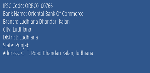 Oriental Bank Of Commerce Ludhiana Dhandari Kalan Branch Ludhiana IFSC Code ORBC0100766