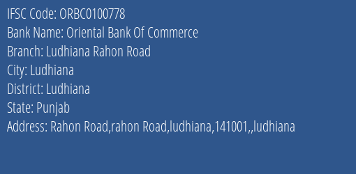 Oriental Bank Of Commerce Ludhiana Rahon Road Branch Ludhiana IFSC Code ORBC0100778