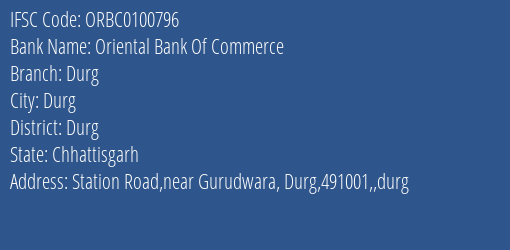 Oriental Bank Of Commerce Durg Branch Durg IFSC Code ORBC0100796