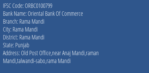 Oriental Bank Of Commerce Rama Mandi Branch Rama Mandi IFSC Code ORBC0100799