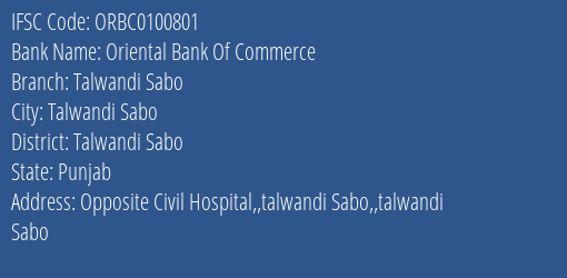 Oriental Bank Of Commerce Talwandi Sabo Branch, Branch Code 100801 & IFSC Code ORBC0100801