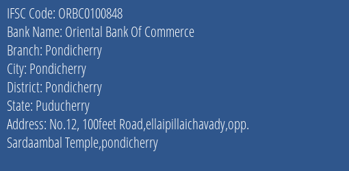 Oriental Bank Of Commerce Pondicherry Branch Pondicherry IFSC Code ORBC0100848