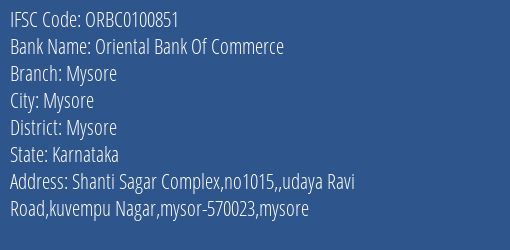 Oriental Bank Of Commerce Mysore Branch Mysore IFSC Code ORBC0100851