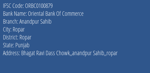 Oriental Bank Of Commerce Anandpur Sahib Branch Ropar IFSC Code ORBC0100879