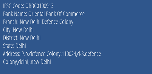 Oriental Bank Of Commerce New Delhi Defence Colony Branch New Delhi IFSC Code ORBC0100913