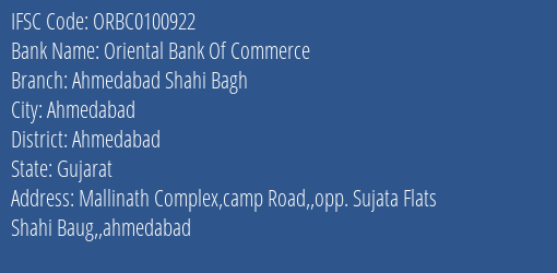 Oriental Bank Of Commerce Ahmedabad Shahi Bagh Branch Ahmedabad IFSC Code ORBC0100922