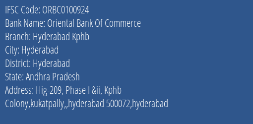 Oriental Bank Of Commerce Hyderabad Kphb Branch Hyderabad IFSC Code ORBC0100924