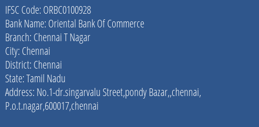Oriental Bank Of Commerce Chennai T Nagar Branch Chennai IFSC Code ORBC0100928