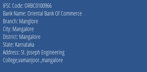 Oriental Bank Of Commerce Manglore Branch Mangalore IFSC Code ORBC0100966