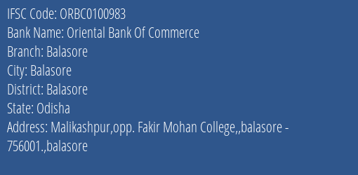 Oriental Bank Of Commerce Balasore Branch Balasore IFSC Code ORBC0100983