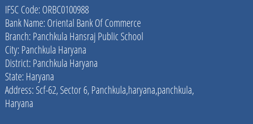 Oriental Bank Of Commerce Panchkula Hansraj Public School Branch Panchkula Haryana IFSC Code ORBC0100988