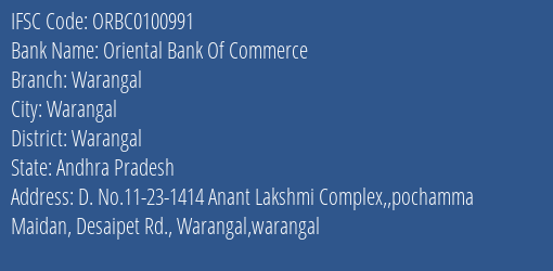 Oriental Bank Of Commerce Warangal Branch Warangal IFSC Code ORBC0100991