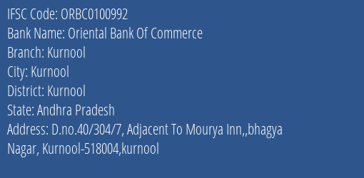 Oriental Bank Of Commerce Kurnool Branch Kurnool IFSC Code ORBC0100992