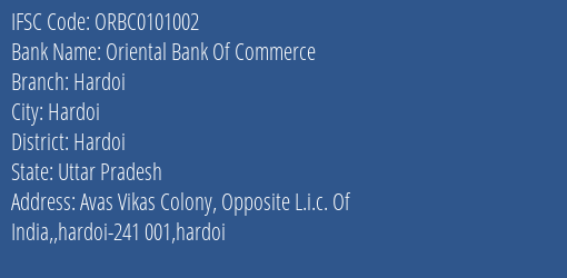 Oriental Bank Of Commerce Hardoi Branch, Branch Code 101002 & IFSC Code ORBC0101002