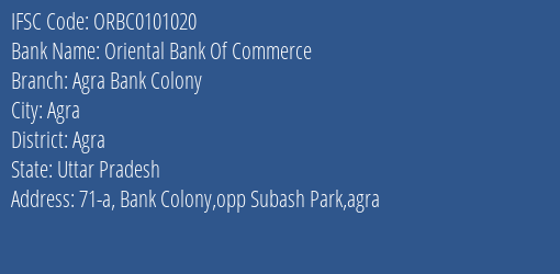 Oriental Bank Of Commerce Agra Bank Colony Branch Agra IFSC Code ORBC0101020