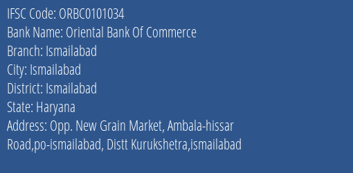 Oriental Bank Of Commerce Ismailabad Branch Ismailabad IFSC Code ORBC0101034
