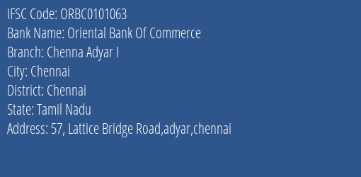 Oriental Bank Of Commerce Chenna Adyar I Branch Chennai IFSC Code ORBC0101063
