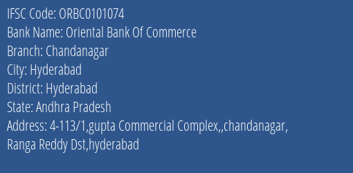 Oriental Bank Of Commerce Chandanagar Branch Hyderabad IFSC Code ORBC0101074