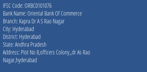 Oriental Bank Of Commerce Kapra Dr A S Rao Nagar Branch Hyderabad IFSC Code ORBC0101076