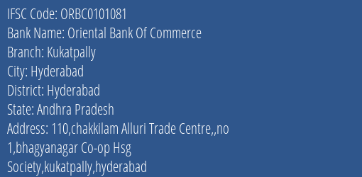 Oriental Bank Of Commerce Kukatpally Branch Hyderabad IFSC Code ORBC0101081