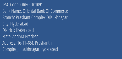 Oriental Bank Of Commerce Prashant Complex Dilsukhnagar Branch Hyderabad IFSC Code ORBC0101091