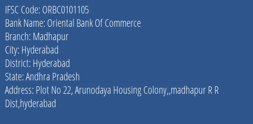 Oriental Bank Of Commerce Madhapur Branch Hyderabad IFSC Code ORBC0101105