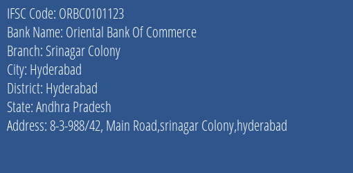 Oriental Bank Of Commerce Srinagar Colony Branch Hyderabad IFSC Code ORBC0101123