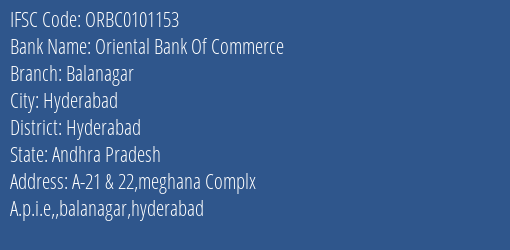 Oriental Bank Of Commerce Balanagar Branch Hyderabad IFSC Code ORBC0101153