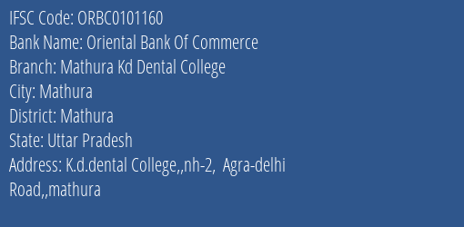 Oriental Bank Of Commerce Mathura Kd Dental College Branch Mathura IFSC Code ORBC0101160