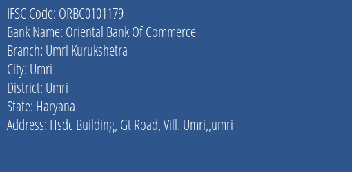 Oriental Bank Of Commerce Umri Kurukshetra Branch Umri IFSC Code ORBC0101179