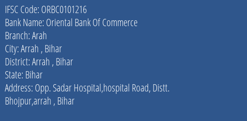 Oriental Bank Of Commerce Arah Branch Arrah Bihar IFSC Code ORBC0101216