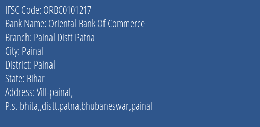 Oriental Bank Of Commerce Painal Distt Patna Branch Painal IFSC Code ORBC0101217