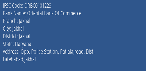 Oriental Bank Of Commerce Jakhal Branch Jakhal IFSC Code ORBC0101223