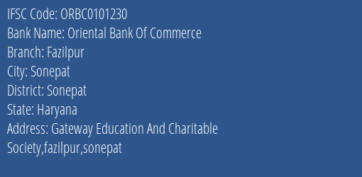 Oriental Bank Of Commerce Fazilpur Branch Sonepat IFSC Code ORBC0101230