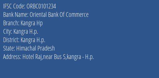 Oriental Bank Of Commerce Kangra Hp Branch Kangra H.p. IFSC Code ORBC0101234