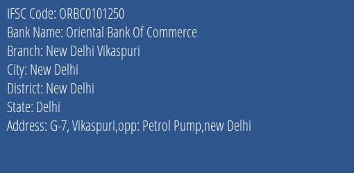 Oriental Bank Of Commerce New Delhi Vikaspuri Branch New Delhi IFSC Code ORBC0101250