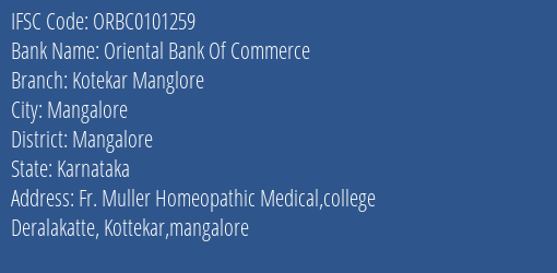 Oriental Bank Of Commerce Kotekar Manglore Branch Mangalore IFSC Code ORBC0101259