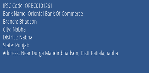 Oriental Bank Of Commerce Bhadson Branch Nabha IFSC Code ORBC0101261