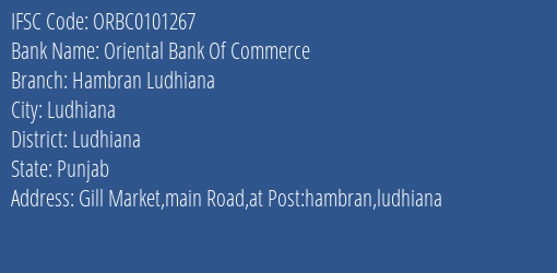 Oriental Bank Of Commerce Hambran Ludhiana Branch Ludhiana IFSC Code ORBC0101267