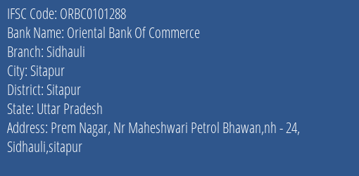 Oriental Bank Of Commerce Sidhauli Branch Sitapur IFSC Code ORBC0101288