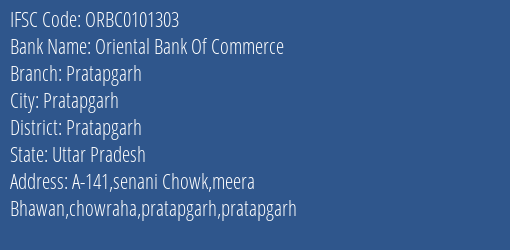 Oriental Bank Of Commerce Pratapgarh Branch, Branch Code 101303 & IFSC Code ORBC0101303